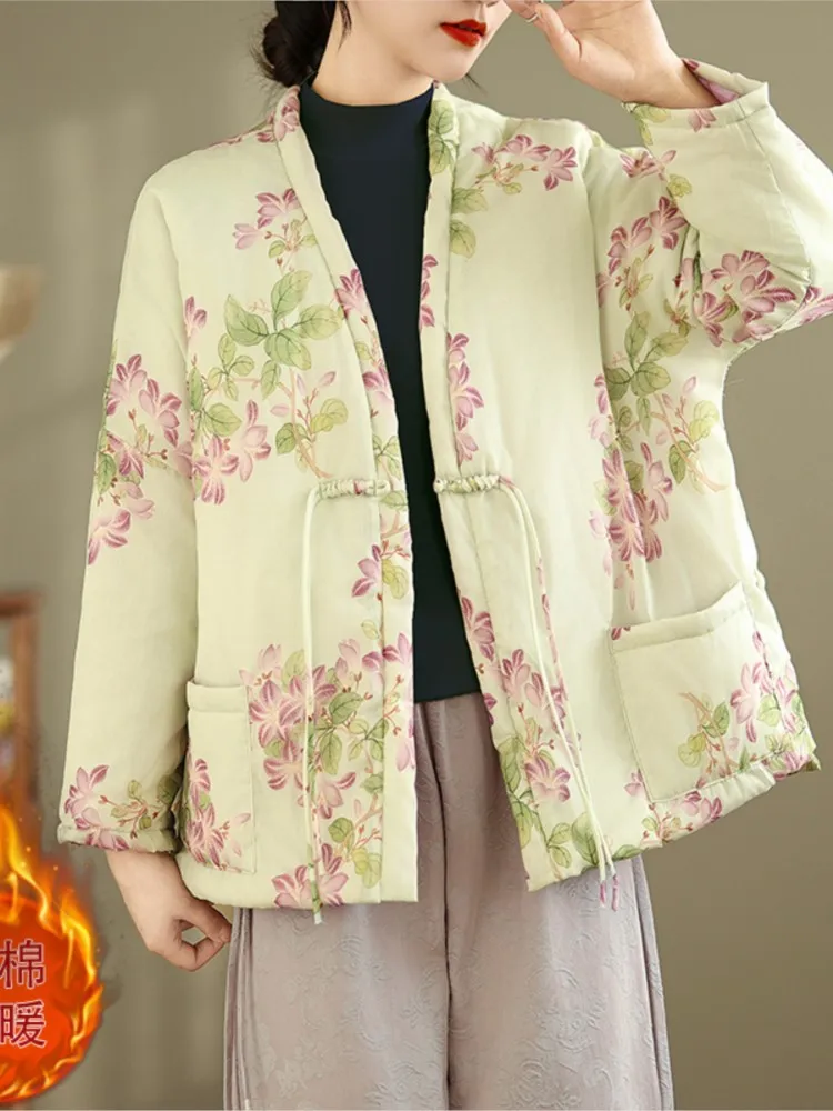 Winter V-Neck Padded Cotton Coat Women Flower Floral Print Fashion Long Sleeve Ladies Jackets Casual Loose Oversized Woman Coats