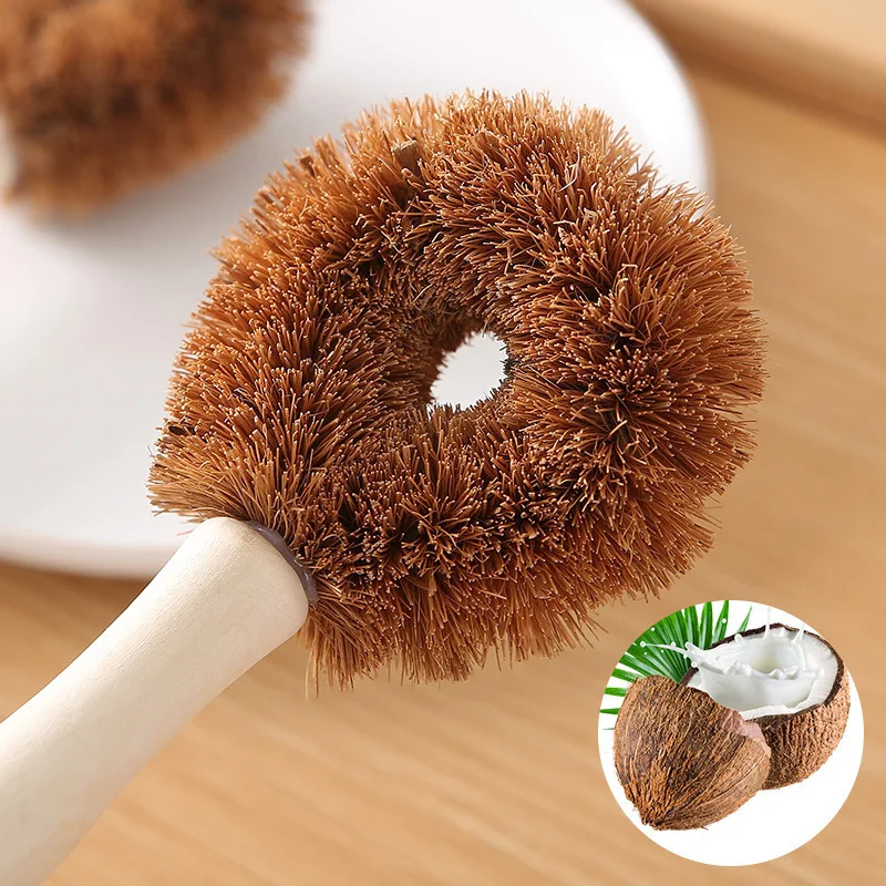 Coconut Palm Brush Pot Brush Glass Decontamination Cleaning Sponge Natural Wooden Handle Bottle Kettle Non-stick Skillet Cleaner