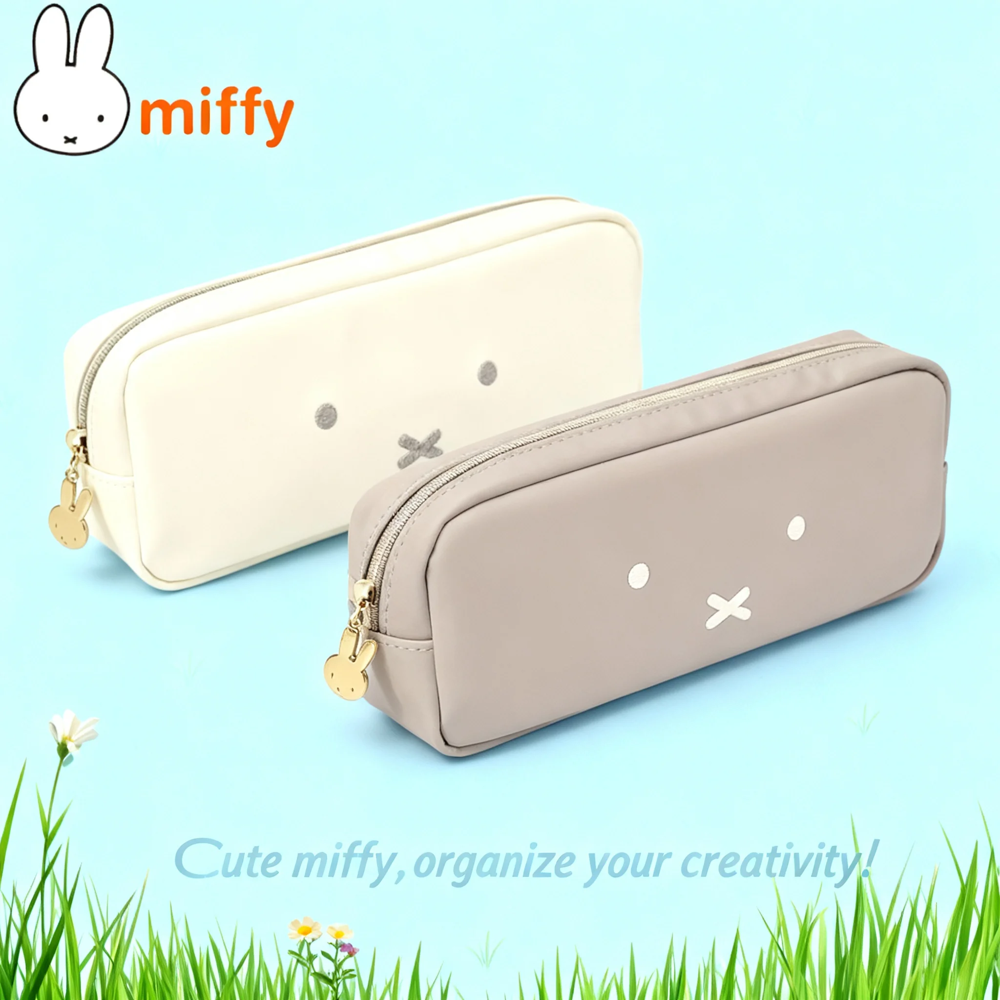 Linda Caja de Lápices de Cuero Kawaii Miffy con Cremallera, Bordado de Conejo de Dibujos Animados, Bolsa de Almacenamiento de Cosméticos Portátil a Prueba de Agua, Regalo para Niña