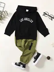 1-6 Years Old Kid Boy Sport Style Clothing Child Boy Holiday Outfits Set Black Long Sleeved Hoodie+Military Green Pants 2pcs Set