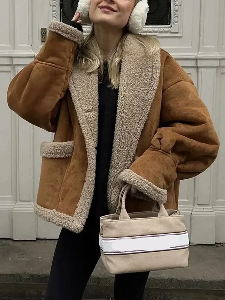 Manteau d'épissure en laine d'agneau pour femme, revers, manches longues, poches, vestes amples et épaisses, Streetwear d'hiver, vêtements d'extérieur noirs, 2025