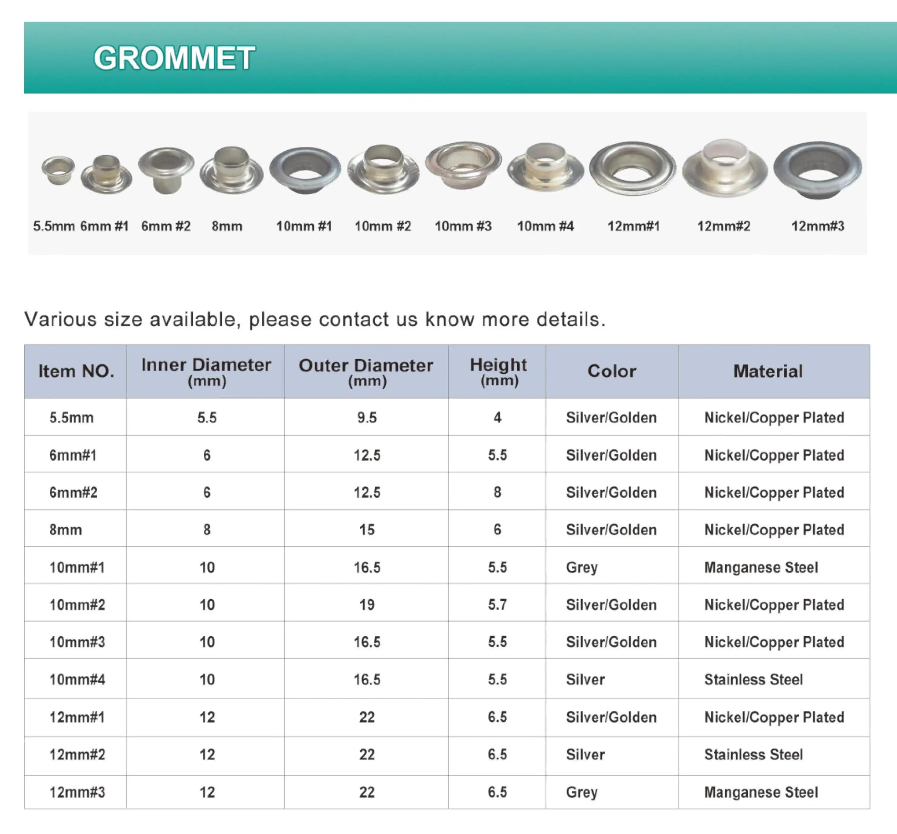 Wholesale 5.5mm 6mm 8mm 10mm 12mm Gold and Silver Plated Grommets Eyelets for Vinyl Banner Canvas Lona Tarpaulin Eyelet Machine