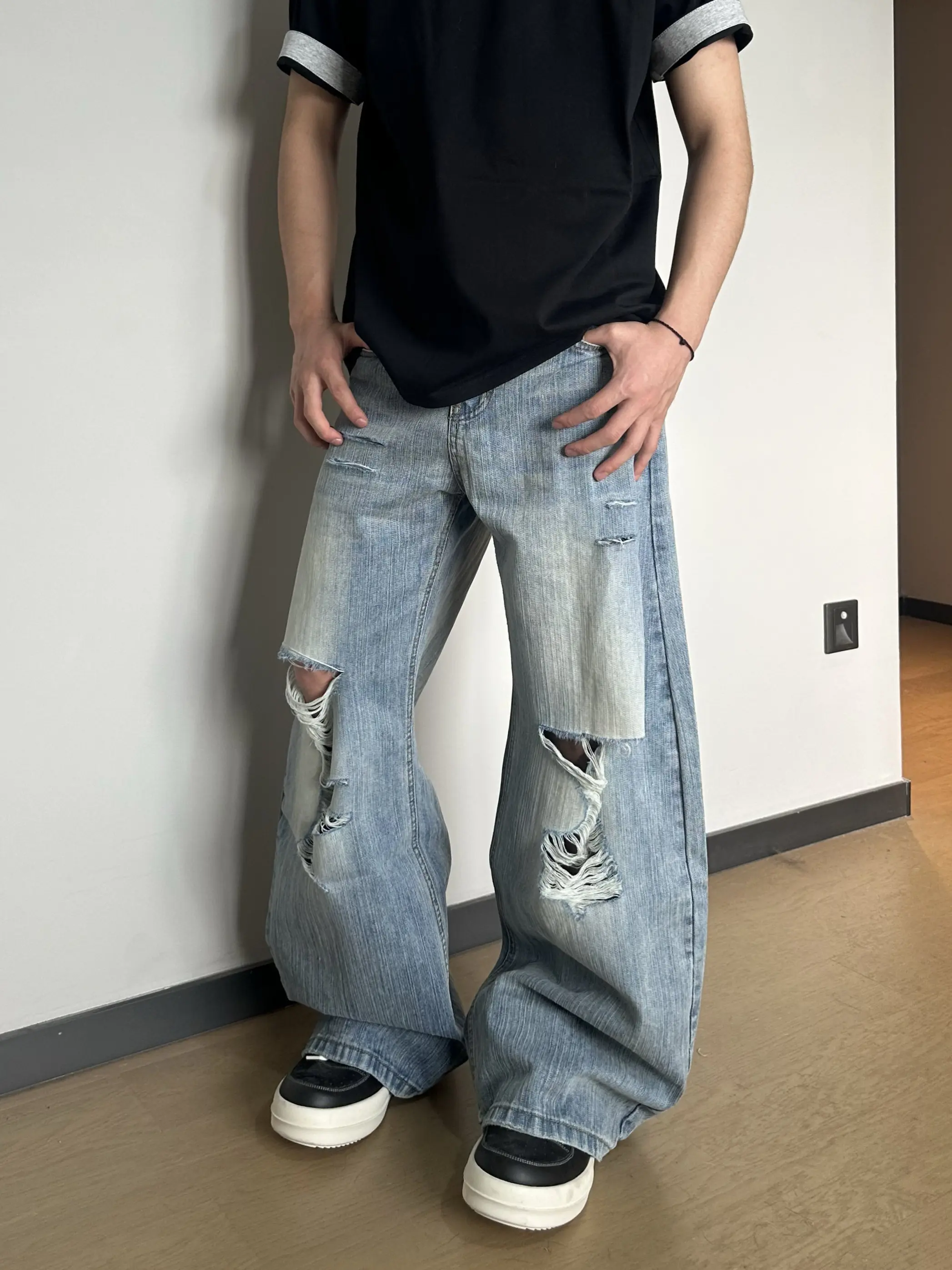

Retro American High Street Washed Hole Bamboo Fiber Pattern Loose Wide Leg Casual Jeans Men's Spring Break-In Denim Pants