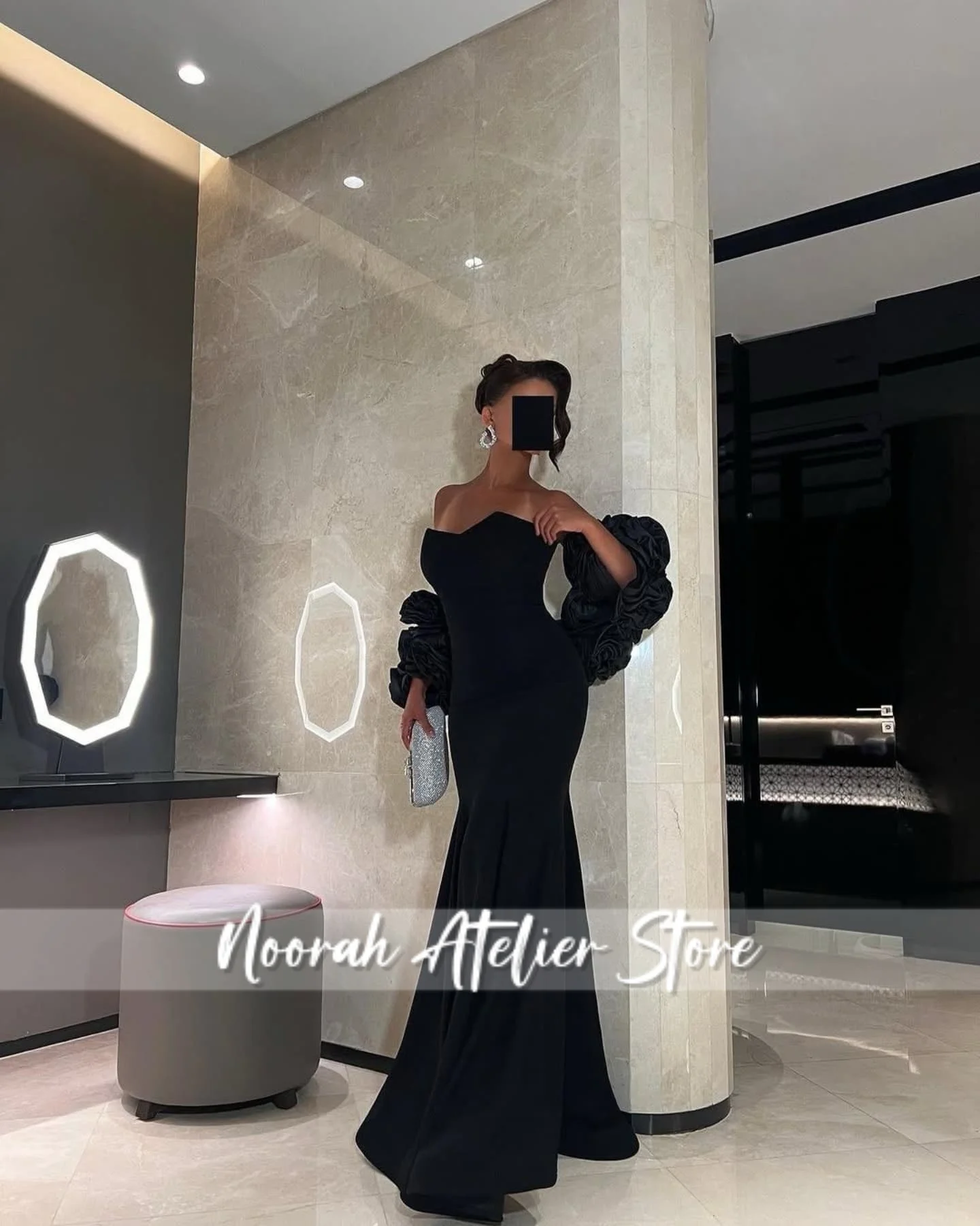 Elegante zwarte strapless zeemeermin luxe vrouwen avondjurken bloem cape 2025, vrouwen dubai beroemdheid jurk prom dress aangepast