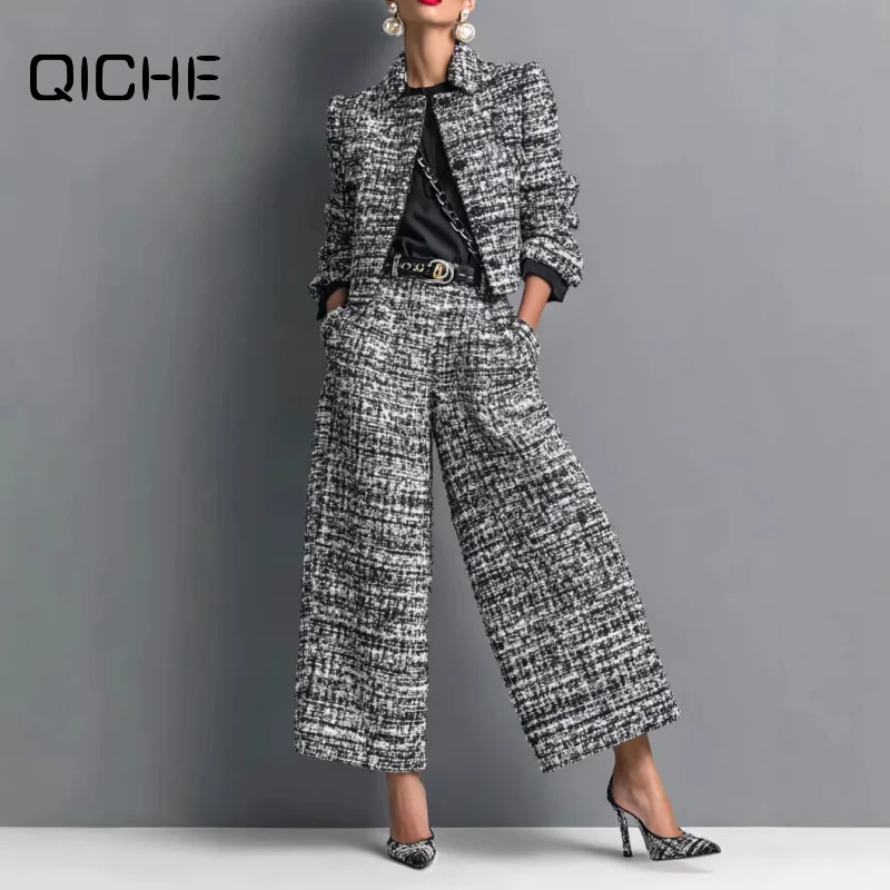 QICHE New 2026 Women European Matching Set Lapel Long‑Sleeve Cropped Jacket Slim‑Fit Wide‑Leg Pants Outfit