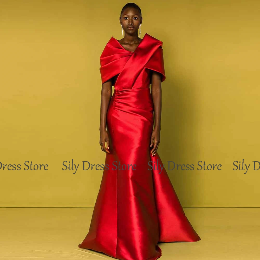 Abiti da ballo da sera semplici da donna Abiti da festa tubino/colonna in raso Abiti da ballo con volant a mantella incrociata con scollo a V rosso per donna