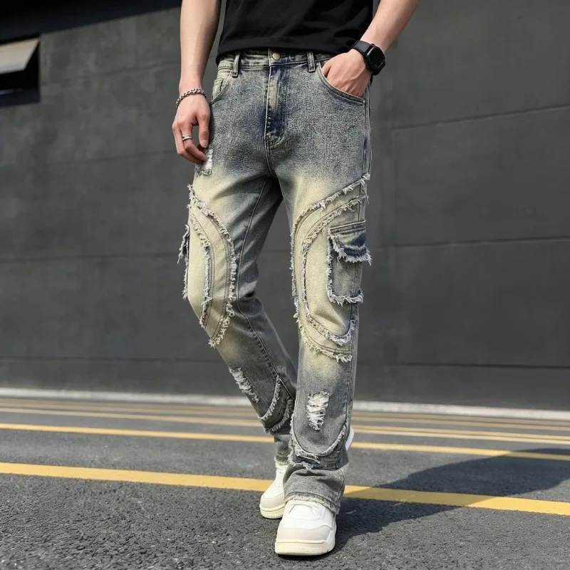 Mens European Fashion Distressed Holes Slim Stretch Straight Leg Denim Trousers Casual Versatile Long Pants