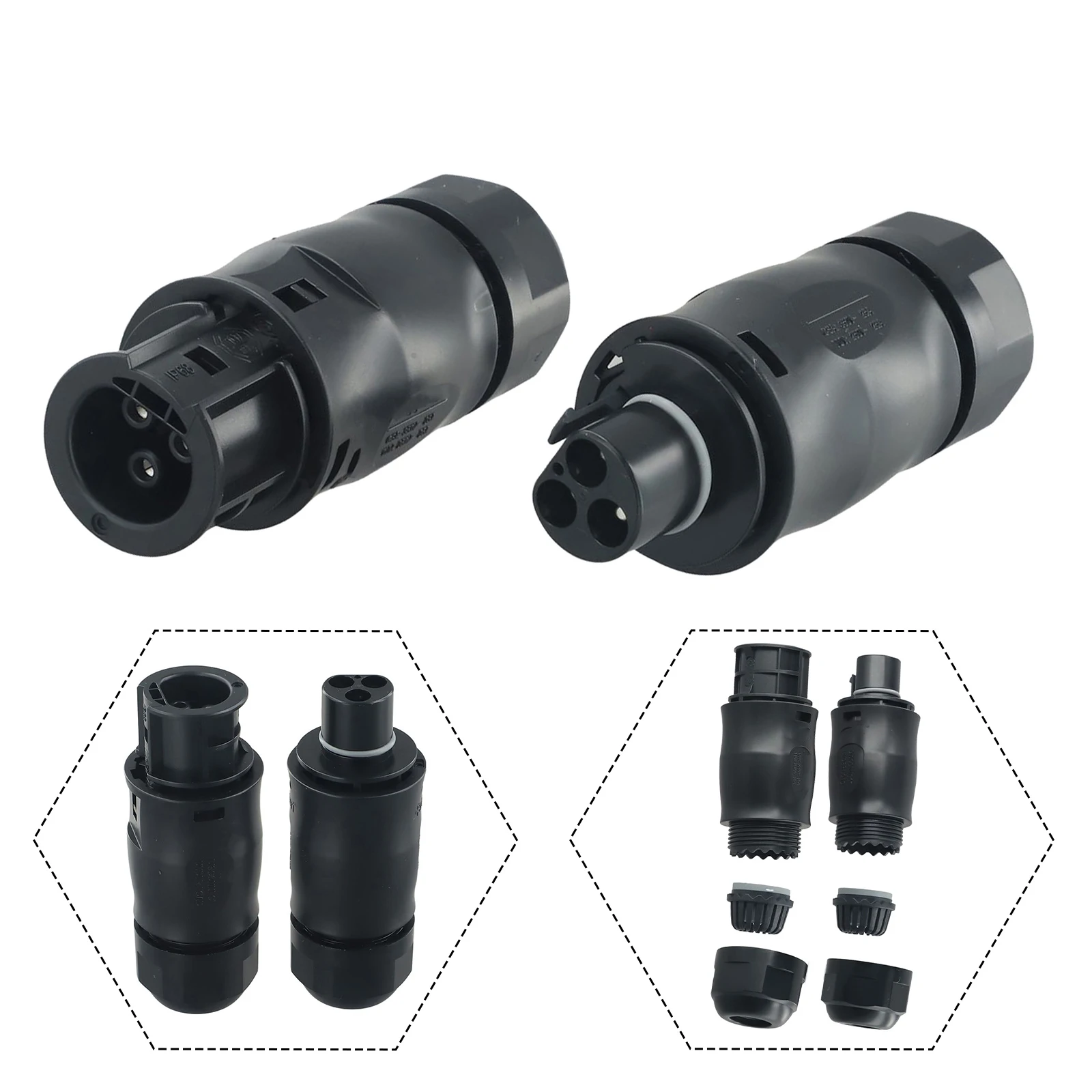 IP68 3 Pin AC Socket Female and Male Set for Inverter Cable Connections with Compatibility for 10 13mm Diameter Cables