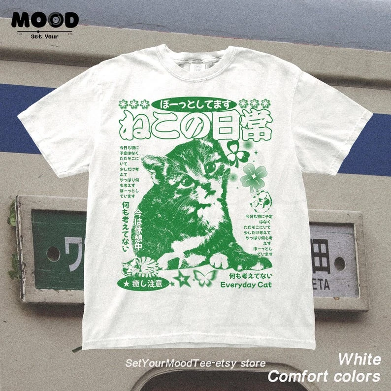 Japanese Y2K Kawaii Cat T-Shirt, Harajuku Kitten Y2K Vintage Tee, Retro Japanese 2000s Anime Streetwear, 90s Nostalgia Cute