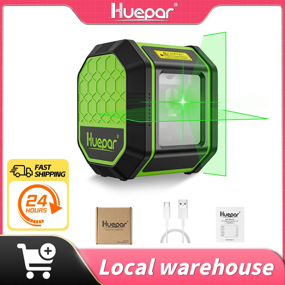 Huepar Laser Level 2 Lines 3D Self-Leveling 360 Horizontal And Vertical Cross Line Green Laser Beam with Li-ion Battery Portable