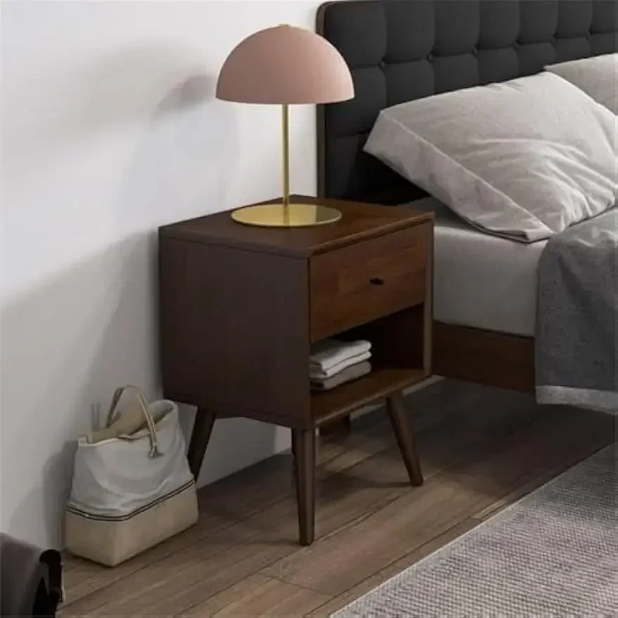 [¡Nueva llegada, ¡Compre ahora! ]Mesa de noche moderna de madera maciza de mediados de siglo con 1 cajón en nogal, marrón