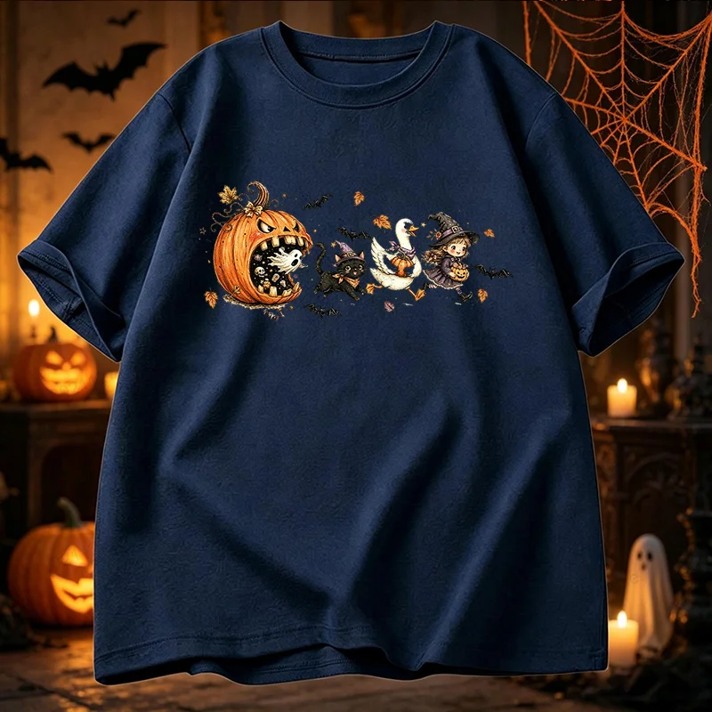 Niedliches Halloween-T-Shirt, Vintage-Cartoon-Kürbis-T-Shirt, Hexen-Grafik-Oberteil, schwarzes Katzen-Enten-Halloween-Shirt, Familien-Partnerlook-Kleidung – Detail 5