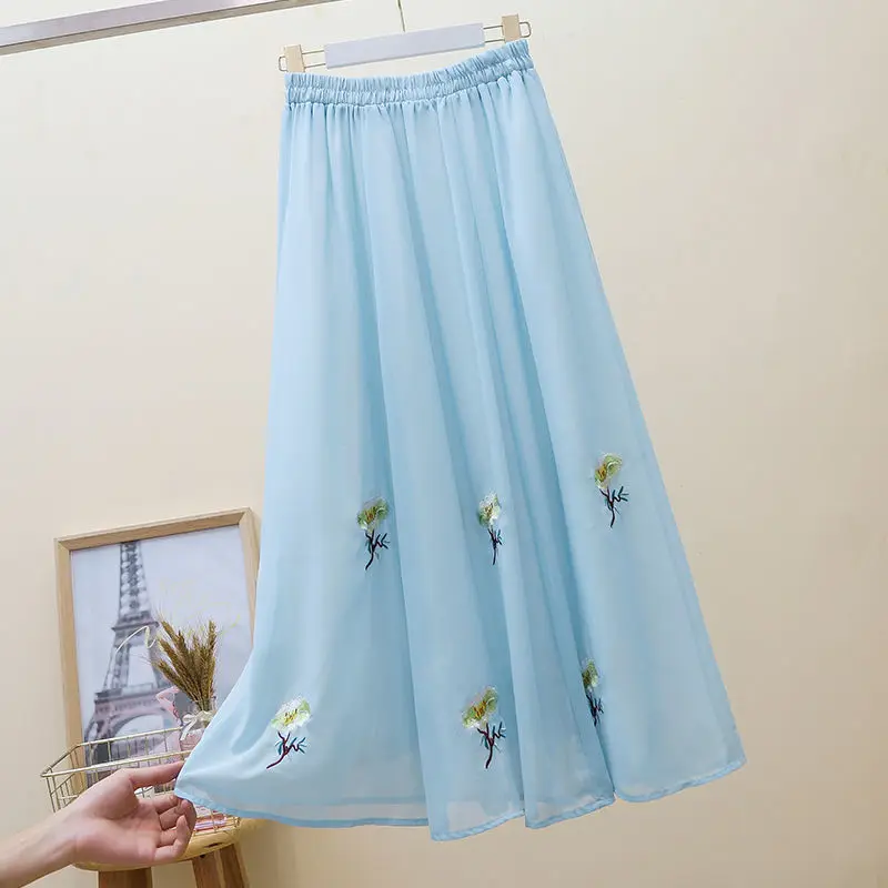 

Юбки женские в китайском стиле до щиколотки с цветочной вышивкой простой элегантный тонкий винтажный модный сказочный летний 3-цветный женский низ