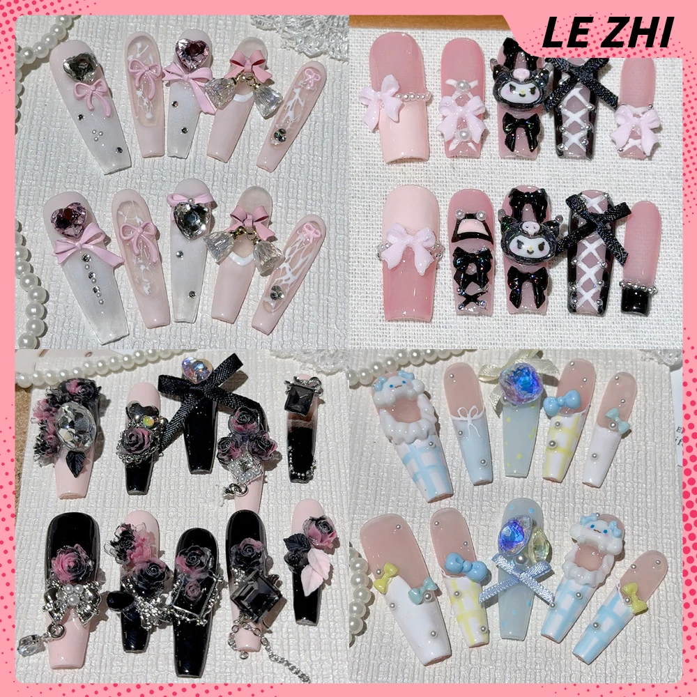 Handmade 3D Hello Kitty Press On Nails Pearl Diamond Long Coffin Fake Nails Coloured Glaze French Style Acrylic Nails Party Gift