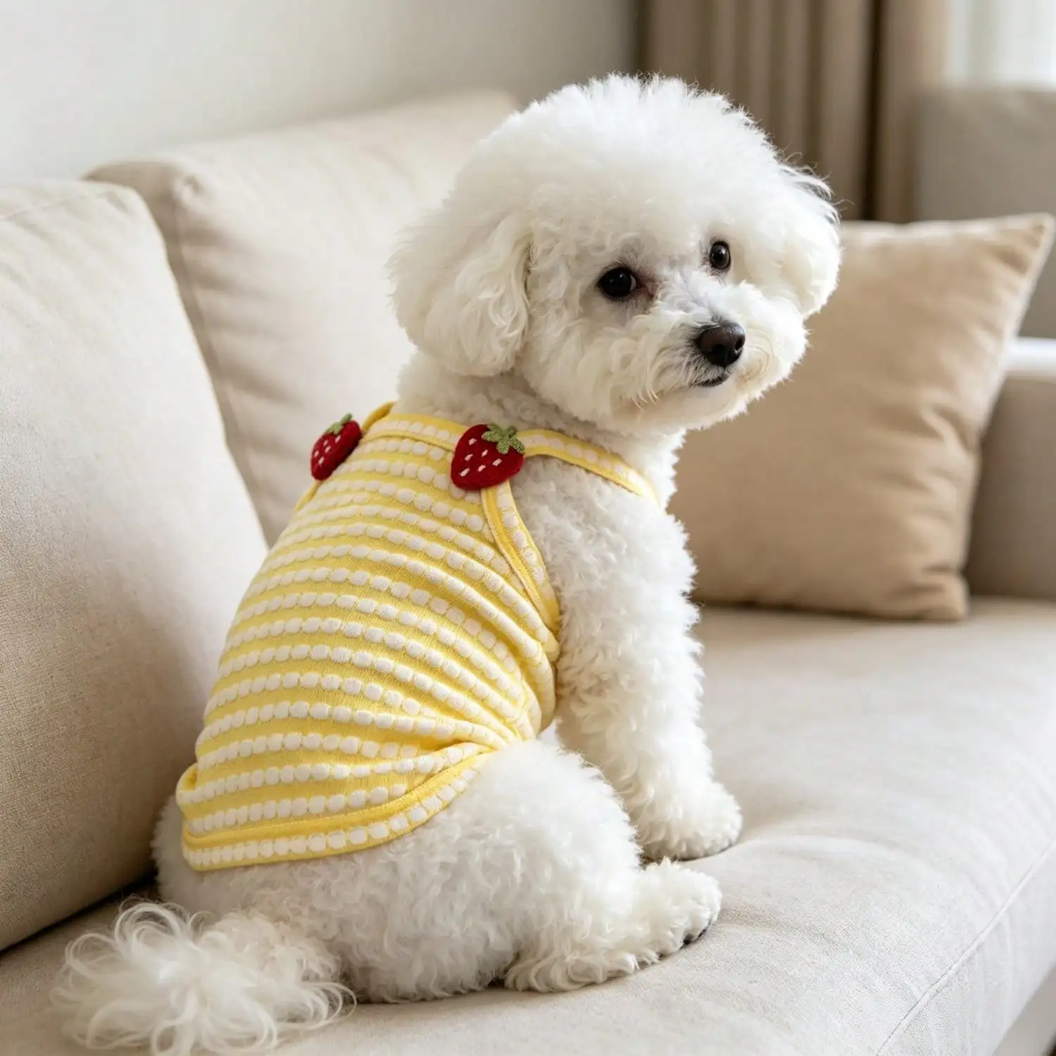 1 Stück gestreiftes Strick-Hundetanktop mit 3D-Frucht-Blumen-Ornament, atmungsaktive Welpenweste für kleine Hunde – Detail 24