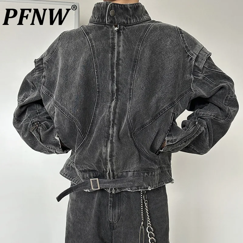 PFNW High Quality Washed Damaged Silhouette Grey High Street Men's Denim Jackets Tide 2024 Motorcycle Stand Collar Coat 28W5554