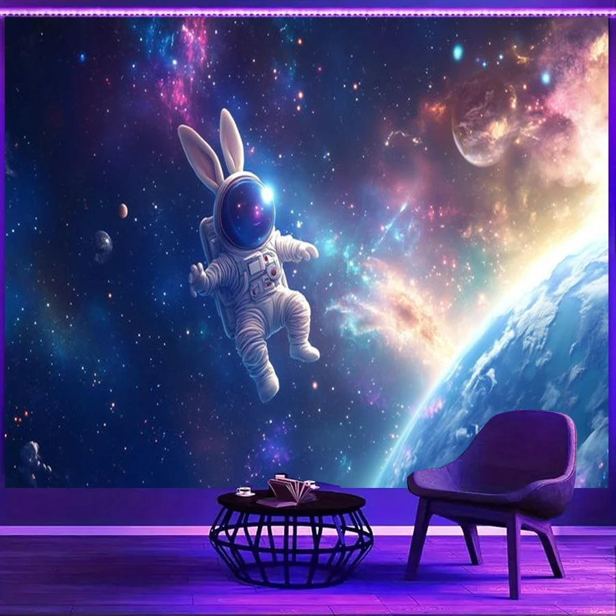 1PC Astronaut Rabbit Earth Art Print Backdrop Banner, Bedroom Living Room Photo Background, Polyester, Home Decor, Wall Art