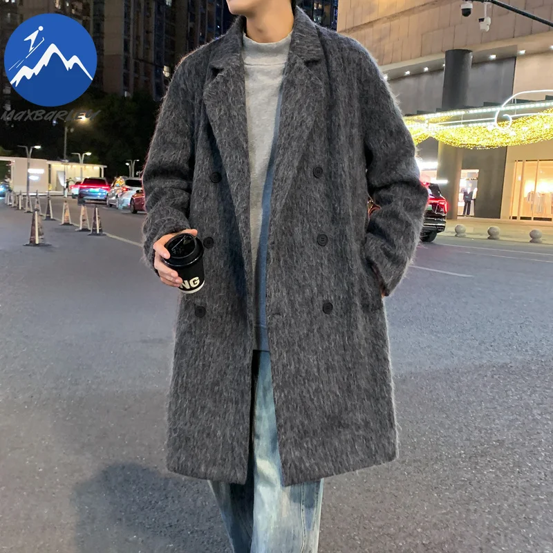 

Maxbarley повседневное шерстяное пальто средней длины мужское свободное корейское модное ветровка повседневный стиль осень-зима ветрозащитная одежда