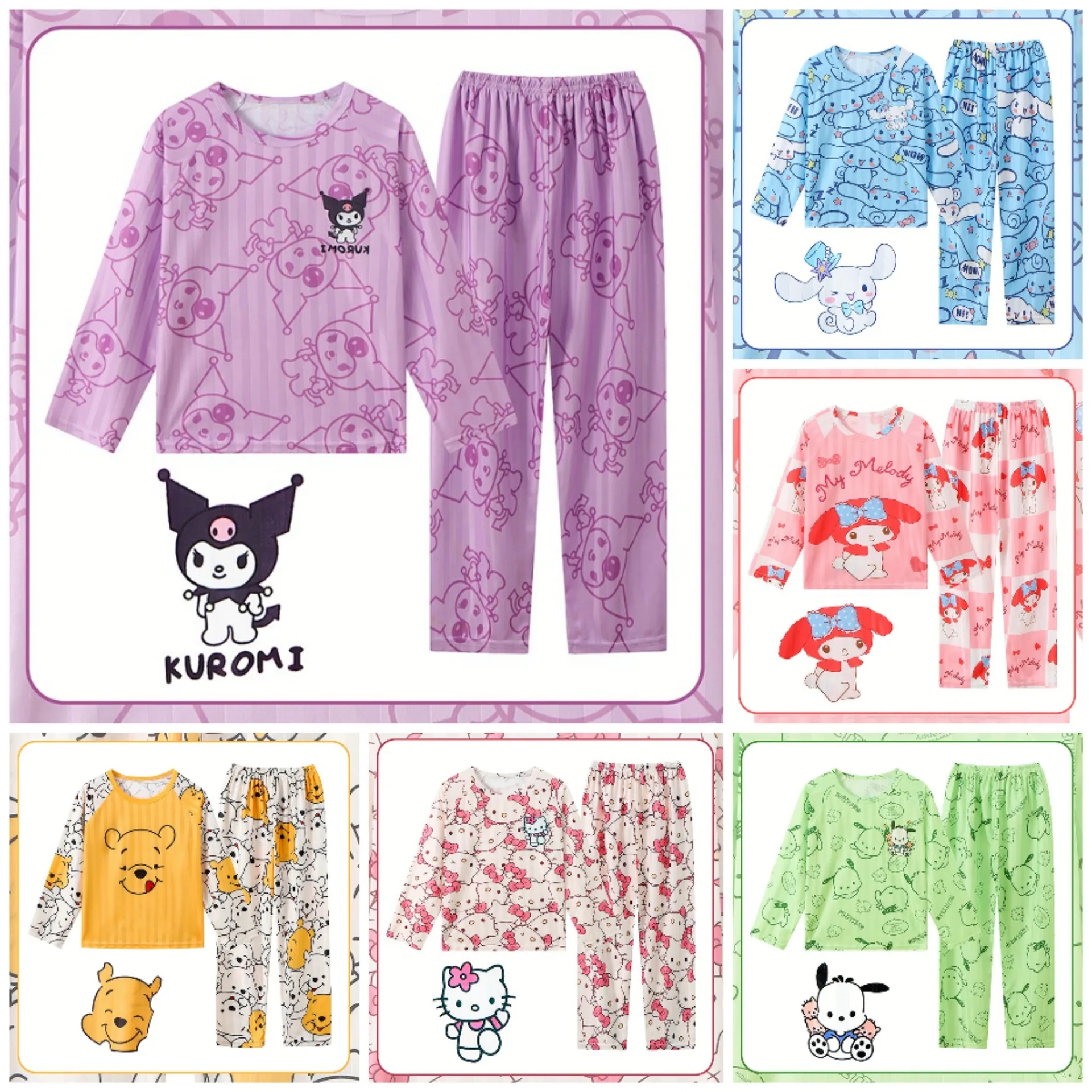 

Sanrio Children Pajamas Long Sleeve Hello Kitty Cinnamoroll Underwater Cotton Sleepwear Baby Set Girl Kids Home Pants Dress Set