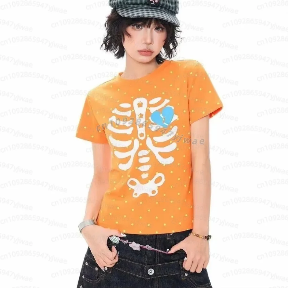 2026 Winter Women's Halloween Skeleton Bones Print O- Neck Short Sleeve Loose Casual Sports Y2k T-Shirt Women Men Jerseys
