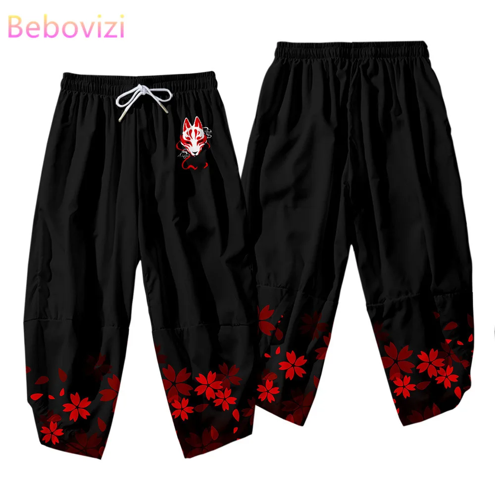 Pantalones tipo Kimono con estampado de zorro negro para hombre y mujer, cárdigan, blusa Haori, Obi, ropa asiática, estilo japonés, talla grande, XS-6XL