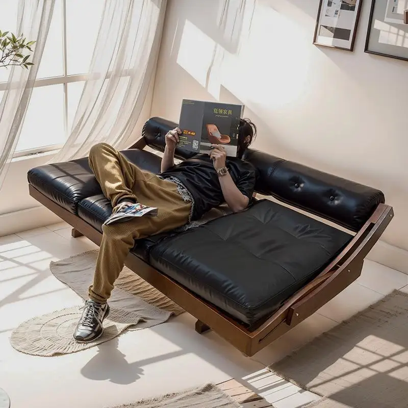 American retro leather sofa black straight row three-person solid wood walnut color medium and ancient style