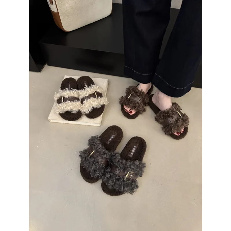 シューズ-スリッパ-ソフト-ラグジュアリー-スライド-ロープラットフォーム-スリッパ-レディース-ファー-フリップフロップ-快適-デザイナー-フラット-2025-プラッシュ-ローマ生地-ラバー