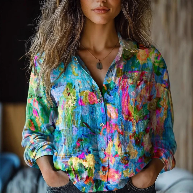 

Blouses Women Shirts Tops Print Casual Loose Top Turn Down Collar Y2k Streetwear Shirt Work Elegant Splice Regular 2025 Work