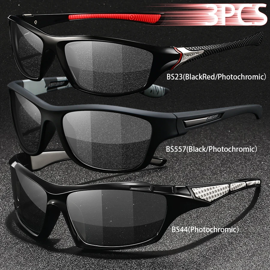 3PCS Photochromic Polarized Sports Vintage Sunglasses Men Women Cycling Driving Mountaineering Chameleon Sun Glasses UV400Eyewer