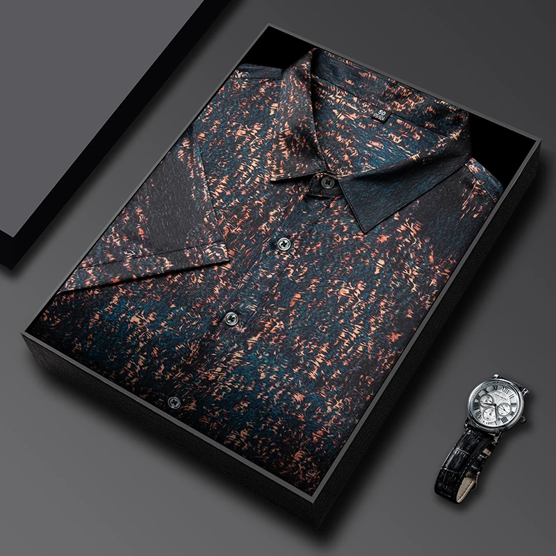 

Silk 93% Skin-Friendly Shirts For Men Short Sleeve Coolness Satin Summer Quality Soft Comfortable Casual Print Camisas De Hombre