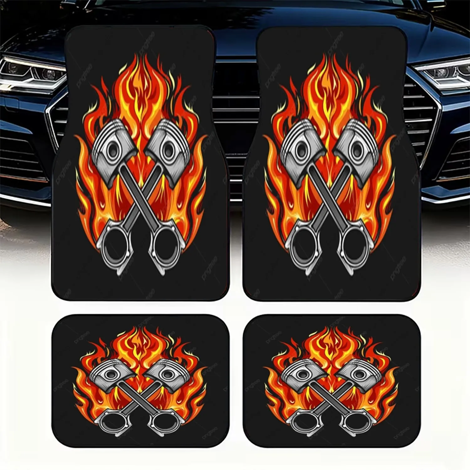 4pcs Car Floor Mats | Stylized Metallic Gray Pistons & Fiery Flames Design, Polyester Material, Retro Industrial Aesthetic, Dura