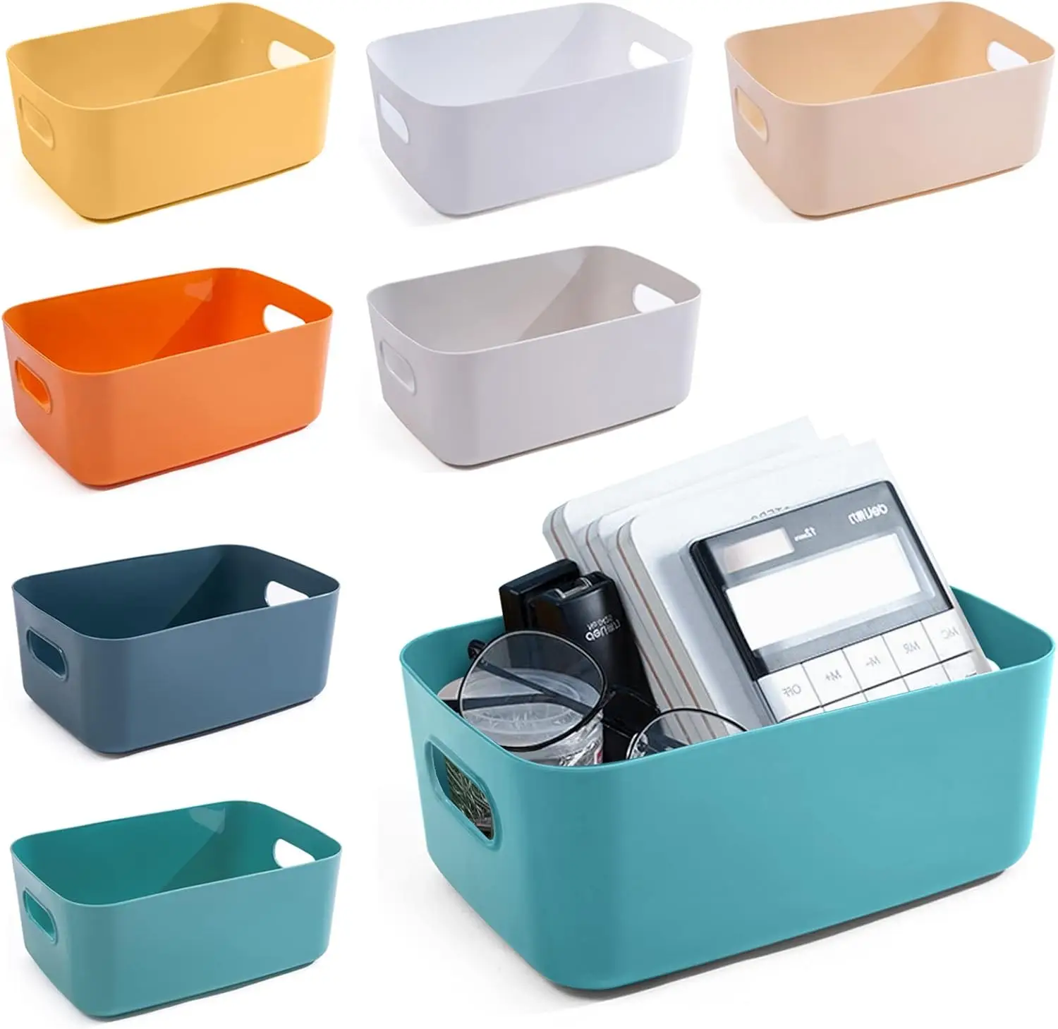 

Small Containers in Multiple Colors for Kitchen, Cupboard Box, Bathroom Organizer on Shelves and Tubs