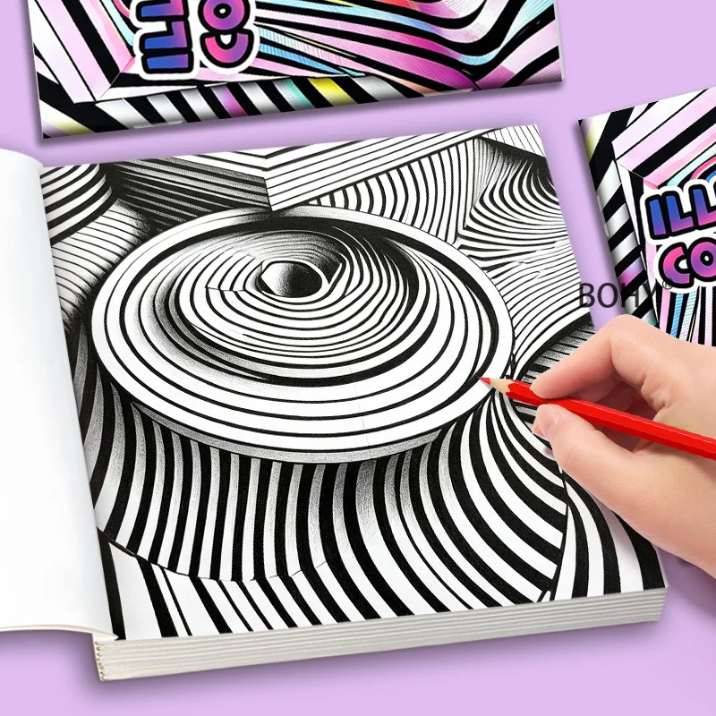 1 3D Visual Illusion Art Coloring Album, 24 Pages, Focusing on Soothing Coloring Training, Amateur Hand Drawing Hobby Creation