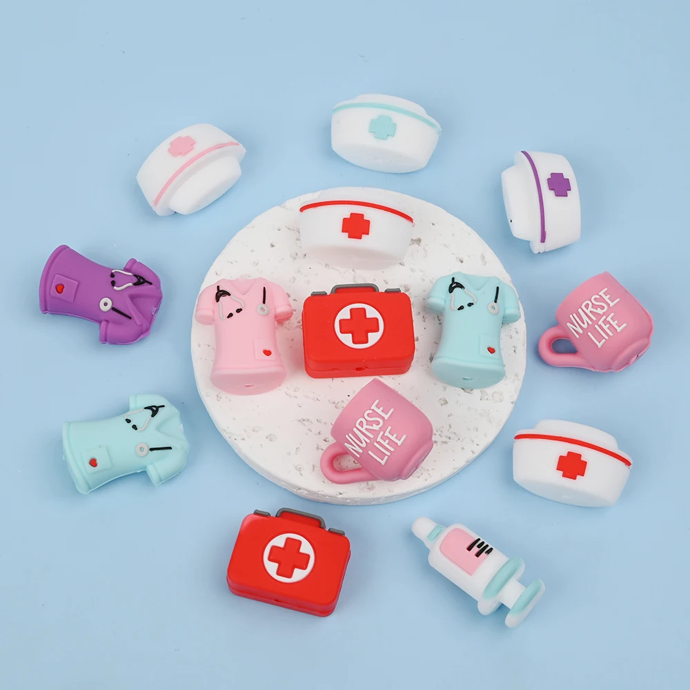 10Pcs 3D Medical Series Silicone Beads Nurse Clothing Nurse Hat Needles Etc Baby Teether Bead For Pacifier Chain Bracelet Making