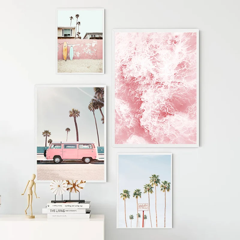 Nordic Summer Vacation Tourism Beach Canvas Print Pink Surfing Ocean Palm Tree Wall Art Poster for Living Room Home Decor Gift
