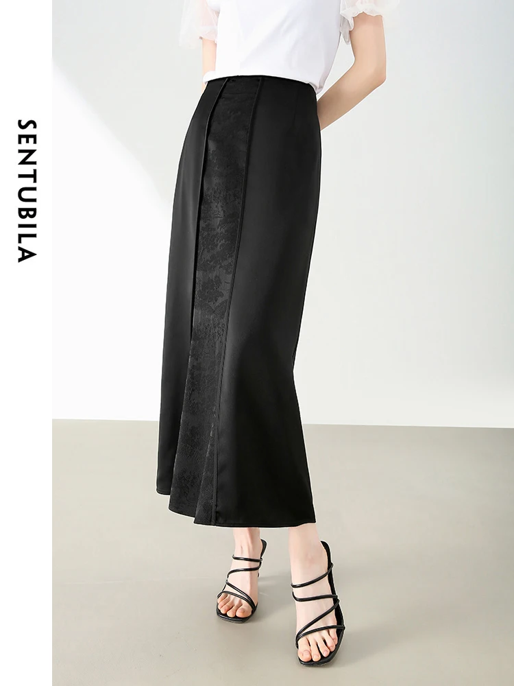 SENTUBILA Chinese Style Black Skirt Women 2024 Summer New Retro Patchwork Jacquard Satin Elastic Waist Midi Skirts 142Q54687