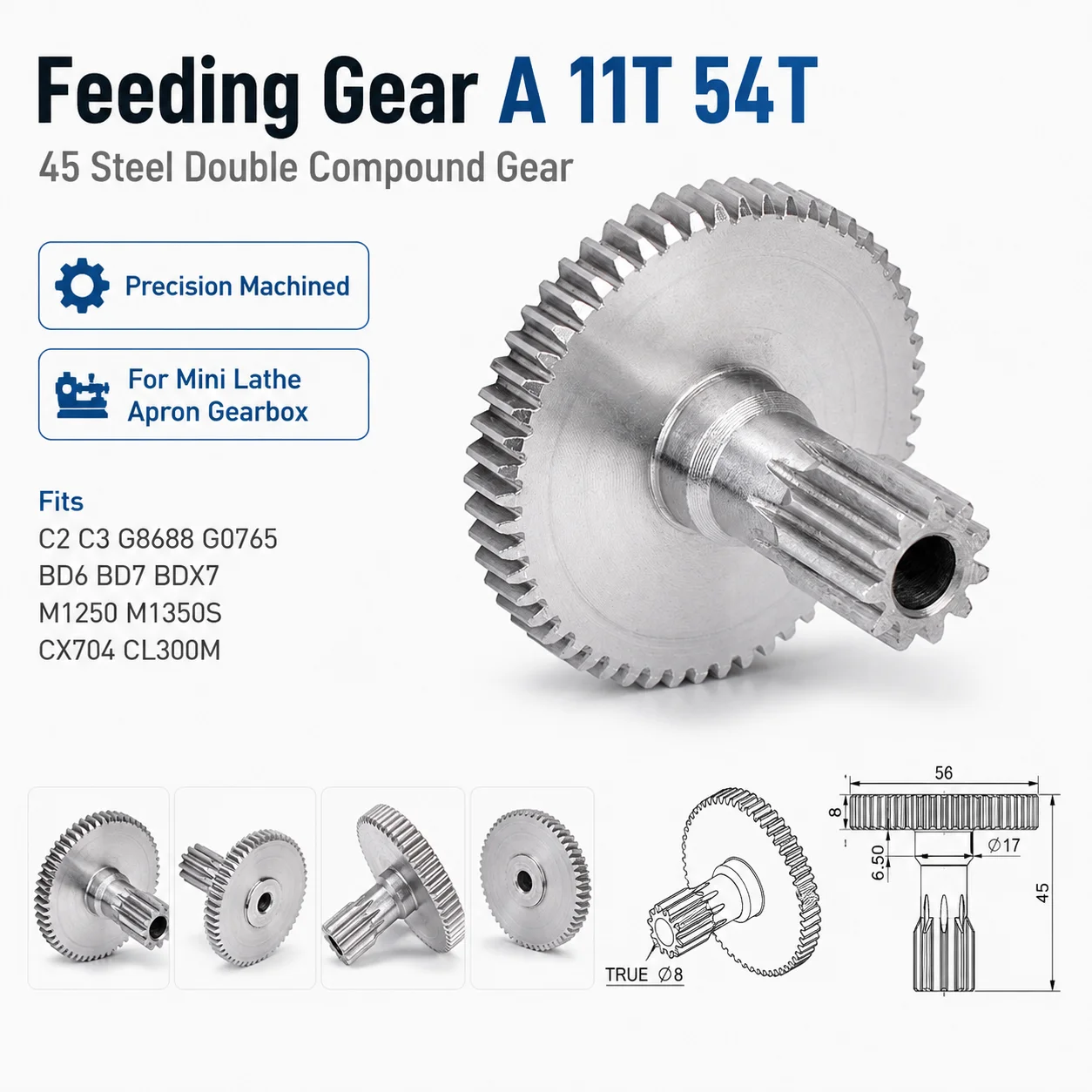 11T 54T Lathe Feeding Gear A Metal Drive Gear Replacement for SIEG C2 081 C3 Grizzly G8688 G0765 BD6 BD7 BDX7 M1250 M1350S CX704