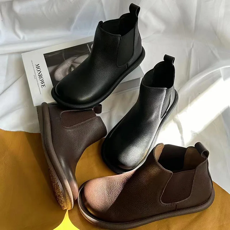 Autumn Chelsea Boots Genuine Leather Shoes For Women Retro Carved Boots Round Toe Ankle Boots British Style Women Shoes