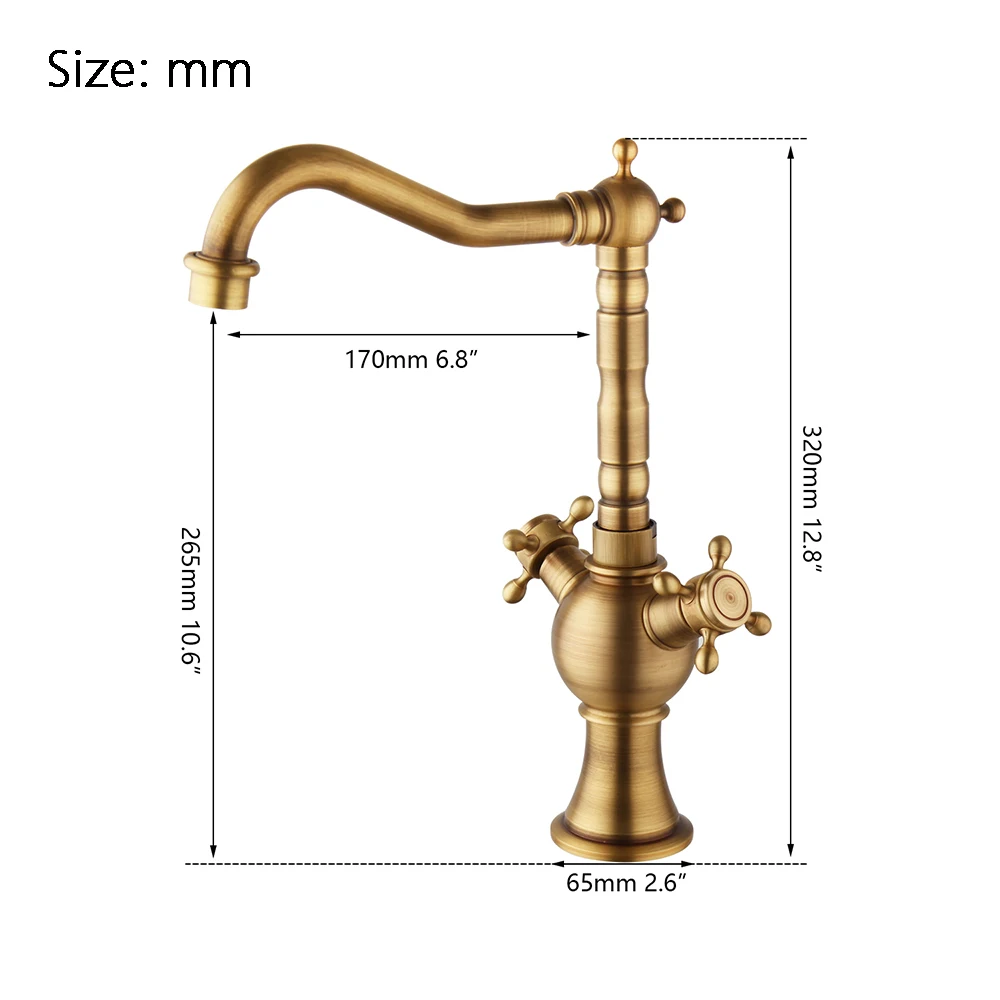 SINLAKU Antique Brass Bathroom Faucet Dual Handle Spout Kitchen Faucets Single Hole Swivel Hot Cold Water Kitchen Mixer Tap