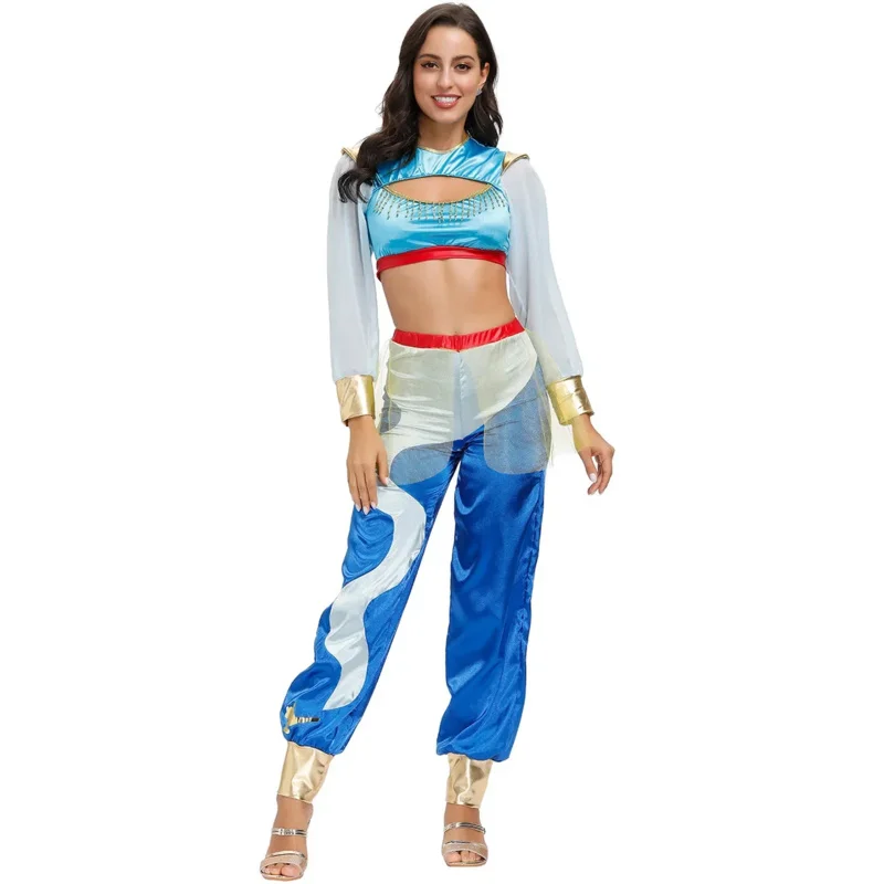 Anime Aladdin Princess Jasmine outfits Halloween cosplay crop top pant set women girl belly dance fancy dress costume magic lamp