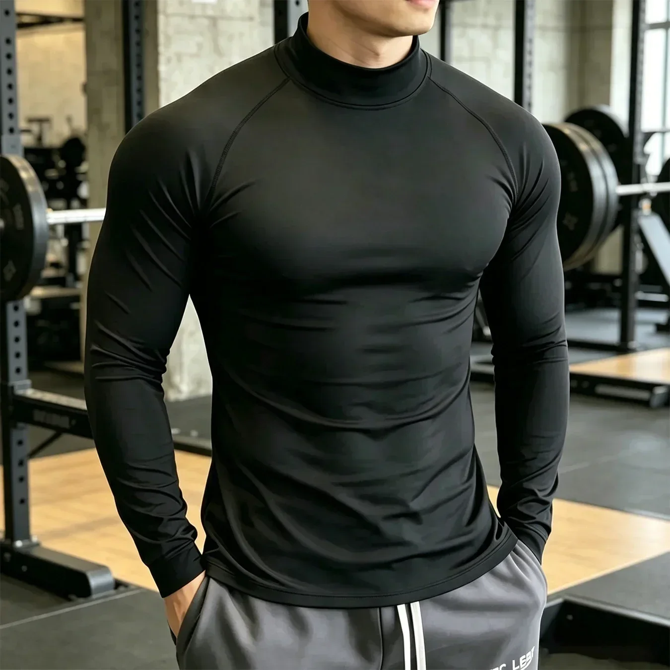Herren Raglan Mock Neck Kompressions-Langarmshirts 4-Wege-Stretch Schnelltrocknend Gym Fahrrad Klettern Sport Baselayer Unterhemden – Detail 15