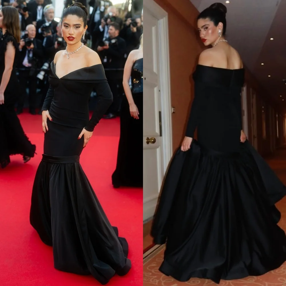 

Customized Intricate Matching Jersey Sequined Pleat Trumpet Off-the-shoulder Long Dresses Bespoke Occasion Retro