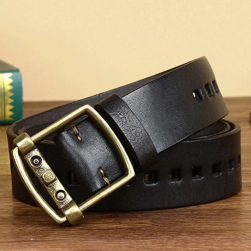 Smooth Pin Buckle Belt Male Individual High Quality Genuine Leather Belts Pure Copper Cowhide Youth Yetro Vintage Jeans Belt