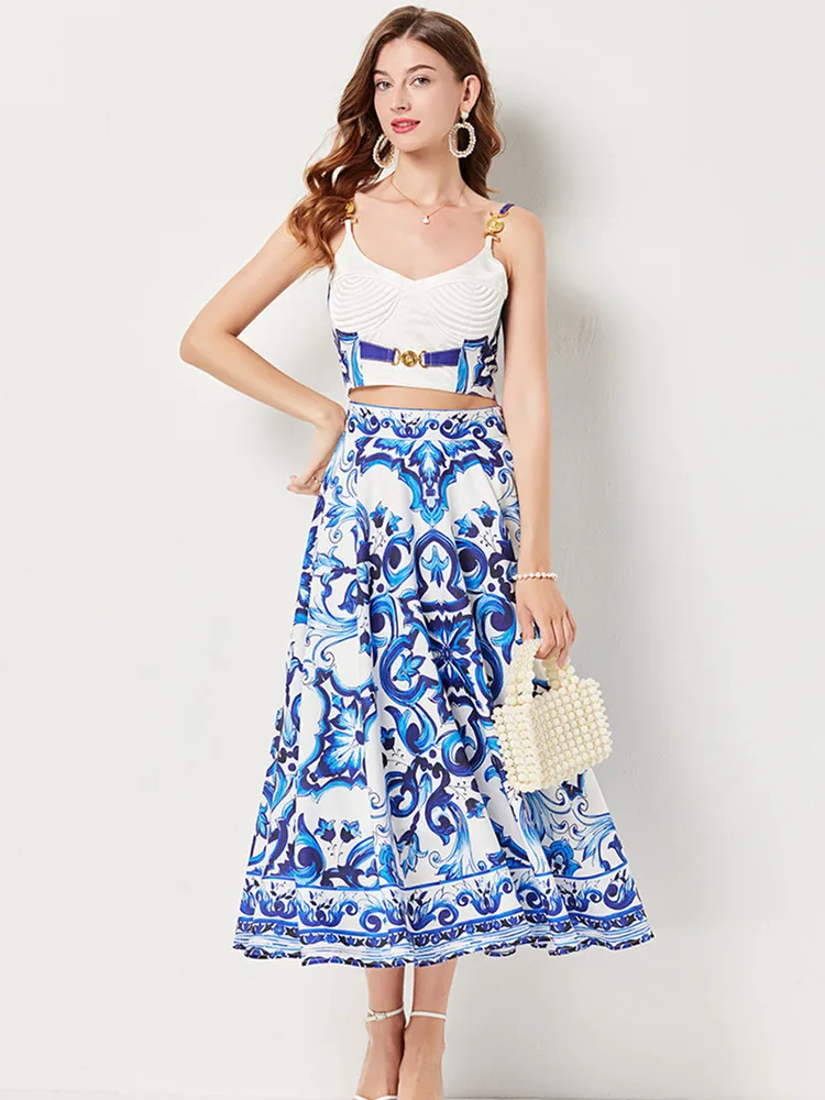 Autumn Holiday Blue And White Porcelain Print 2 Piece Set Women\'s Outfits Sexy Spaghetti Strap Padded Cup Top+Long Skirt Suits