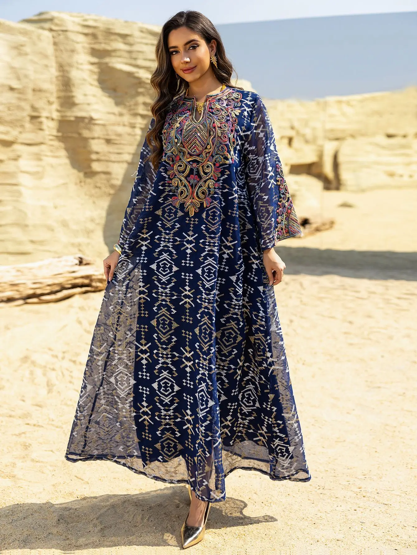 Abaya muçulmano Jalabiya moda malha bordada emendada ​ ​ Robe Médio Oriente Mulheres Vestido de Noite Mangas Compridas Vestidos de Festa
