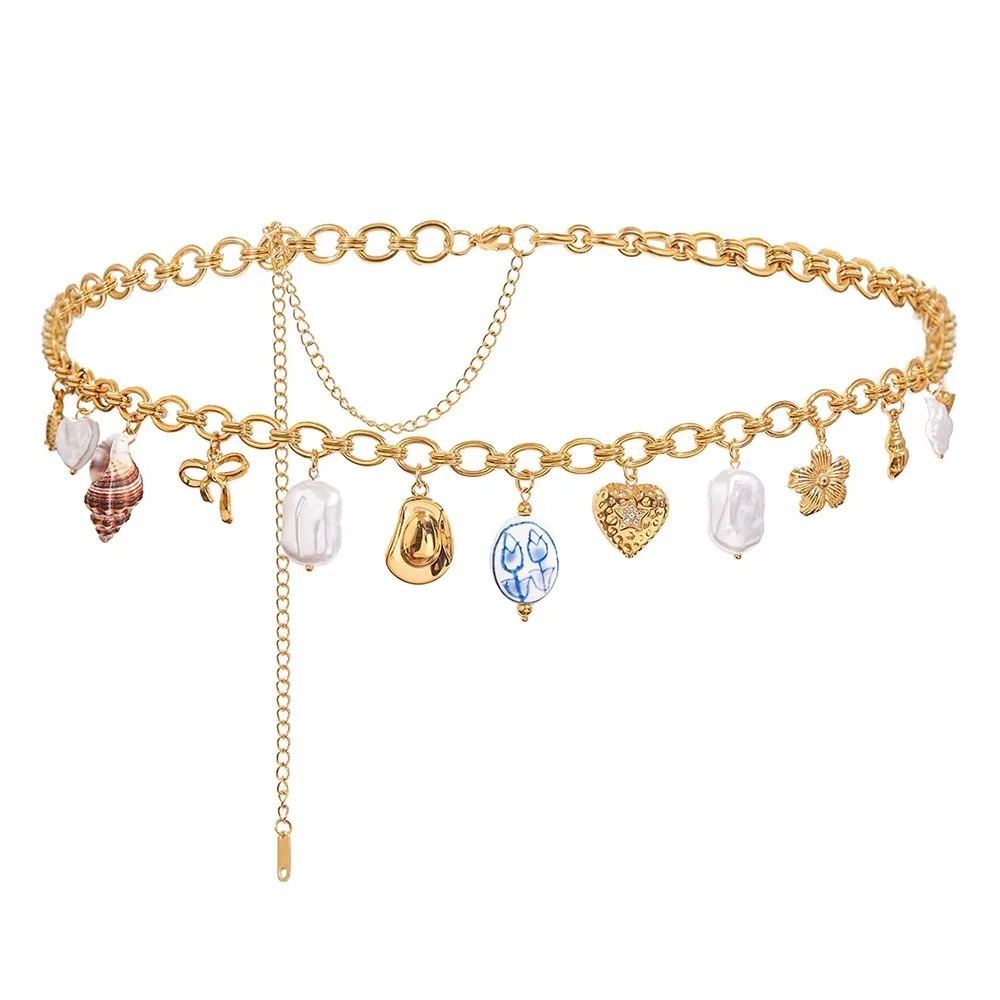 Cadena de cintura de concha Natural para mujer, cadena de cuerpo de perlas impermeable de acero inoxidable, cadena de cintura de Metal Sexy para verano