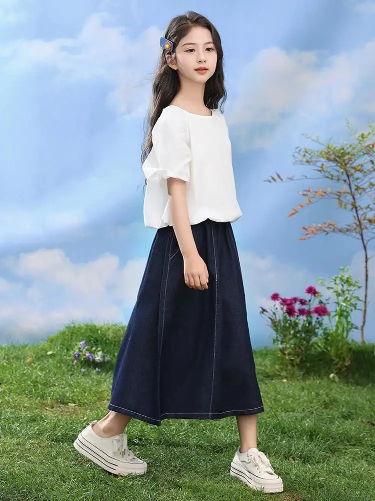 

Girls' Denim Skirt 2024 New Children's Skirts Summer Midi Long Length Big Kids Girl Skirt Children's Clothes Spring Autumn 2024