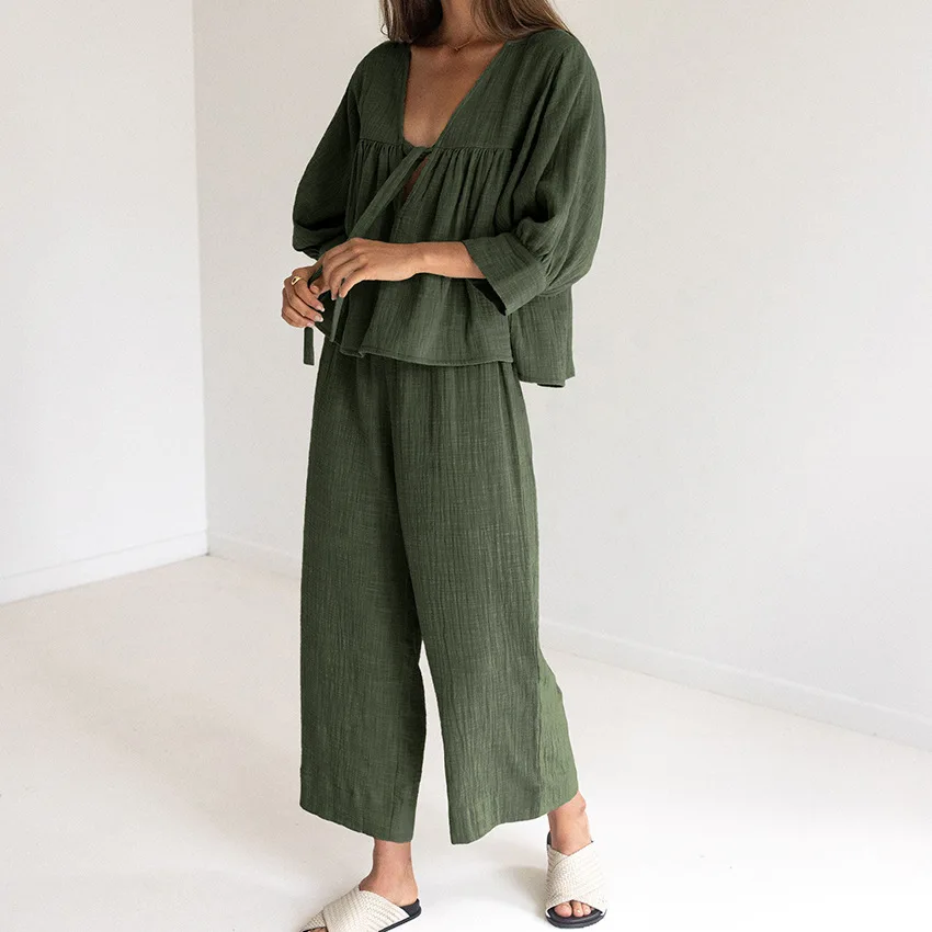 Linad Green Cotton Sleepwear V Neck Lace Up Wide Leg Pants Trouser Suits Loose Pajamas Set Woman 2 Pieces Loungewear Pijamas