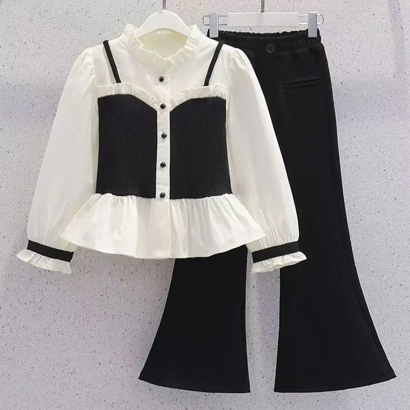 

Girls' Western Style Set Big Children's Spring Outfit Temperament Small Fragrance Shirt Flared Pants Two-piece Set