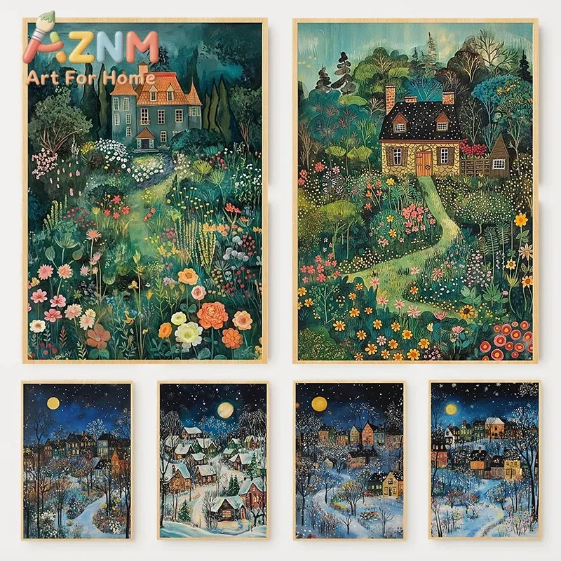 1pc frameless Village Garden Four Seasons Landscape Poster Whimsical Vibrant Cozy Cottages Canvas Painting Wall Art for Living R